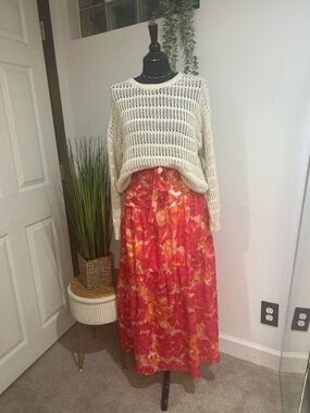 Hello Molly Red and Orange Floral Tiered Maxi Skirt